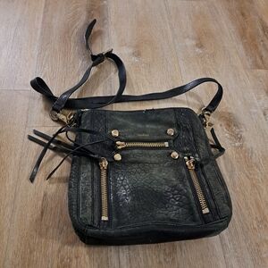 Botkier Faded Black Leather Crossbody Purse Bag Tassels Gold-Tone Hardware